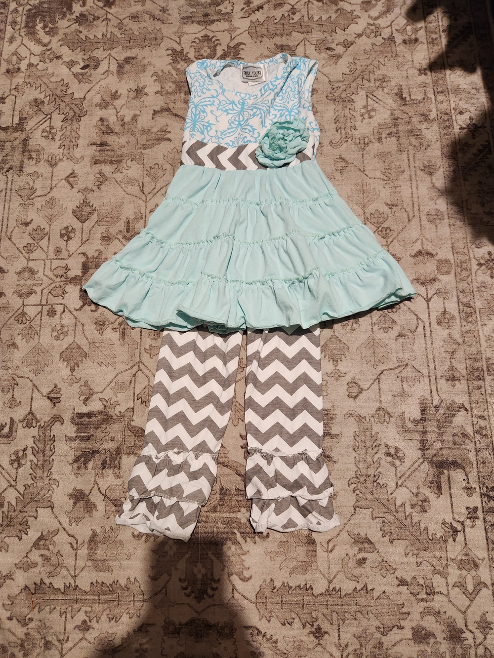 Blue Floral Ruffle Dress & Chevron Pants Set - Kids
